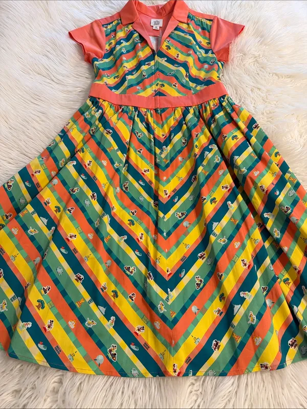 Disney Coral, Teal & Yellow Striped Fit-and-Flare Dress size M length 42” B32” - Image 11