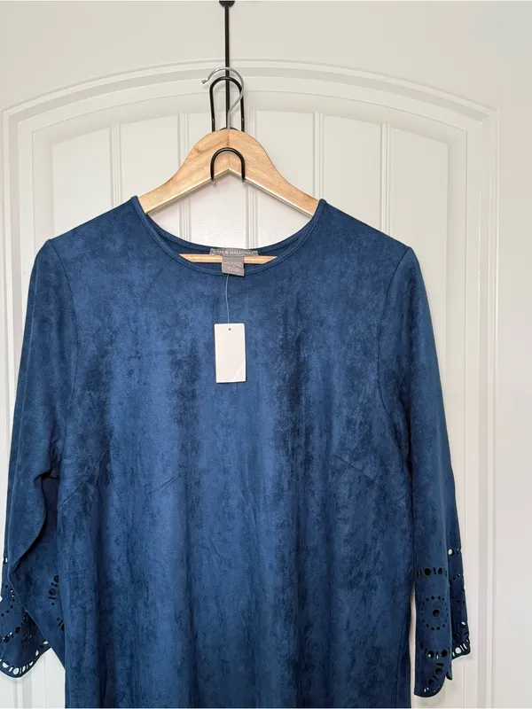 Kate & Mallory 1X Blue Faux Suede Scallop Trim Dress Coastal Cowgirl Indie Folk - Image 3