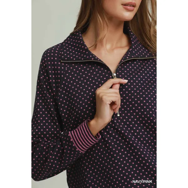Umgee Polka Dot Half Zip Sweatshirt - Navy/Pink - Medium - Image 4