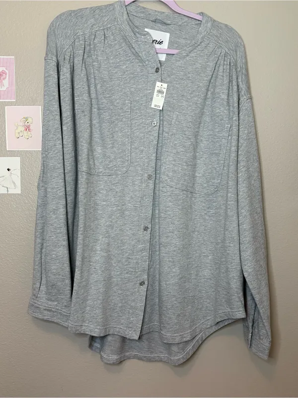 Aerie new button up grey cotton oversized flowy casual - Image 2