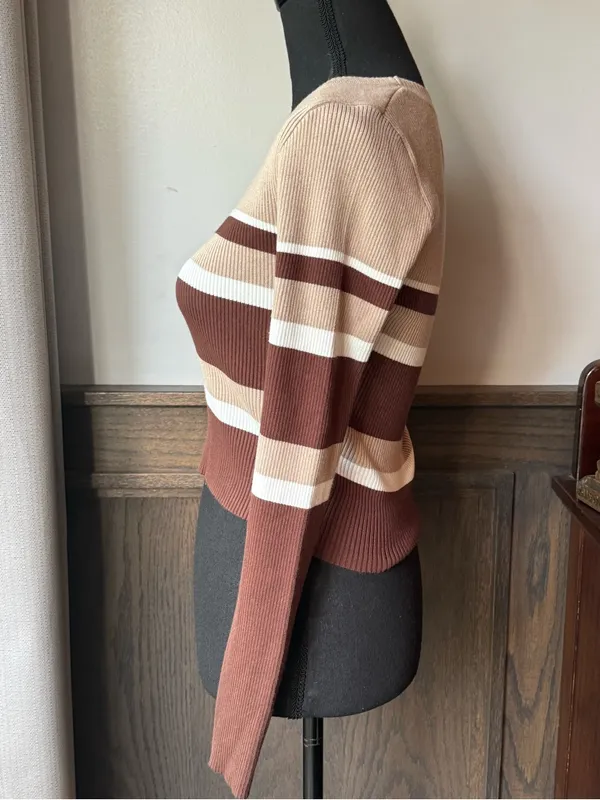 The Slope Striped Scoop-Neck Ribbed Sweater in Brown, Cream & Tan medium - Image 3
