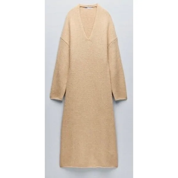 ZARA Alpaca Knit Midi Dress Light Tan Sand Coastal Blogger Favorite Medium - Image 11