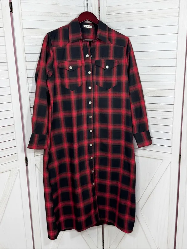 L&S‎ Plaid Snap Front Midi Duster Shirt Dress Shacket Red Black XL Western Boho - Image 7
