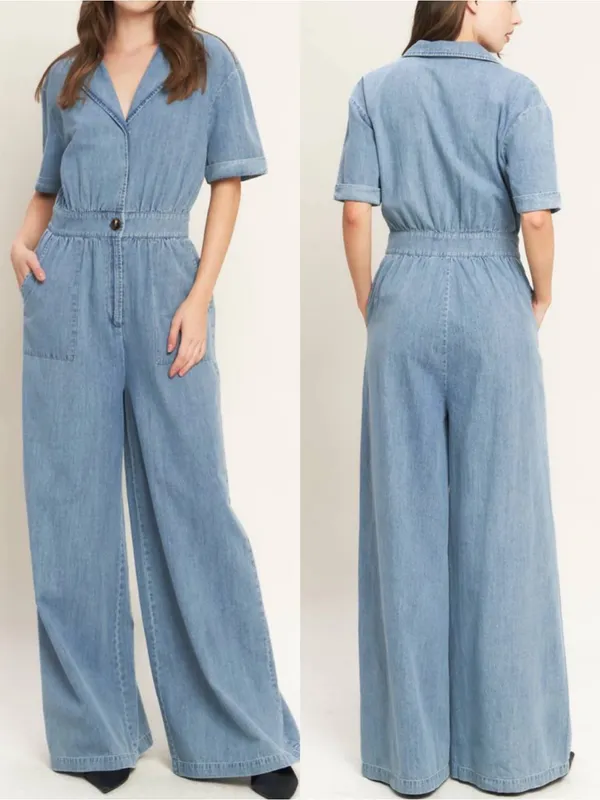 Vici Quiet Luxury Lightweight Chambray Denim Jumpsuit Coveralls Boiler Suit Blue - Image 2