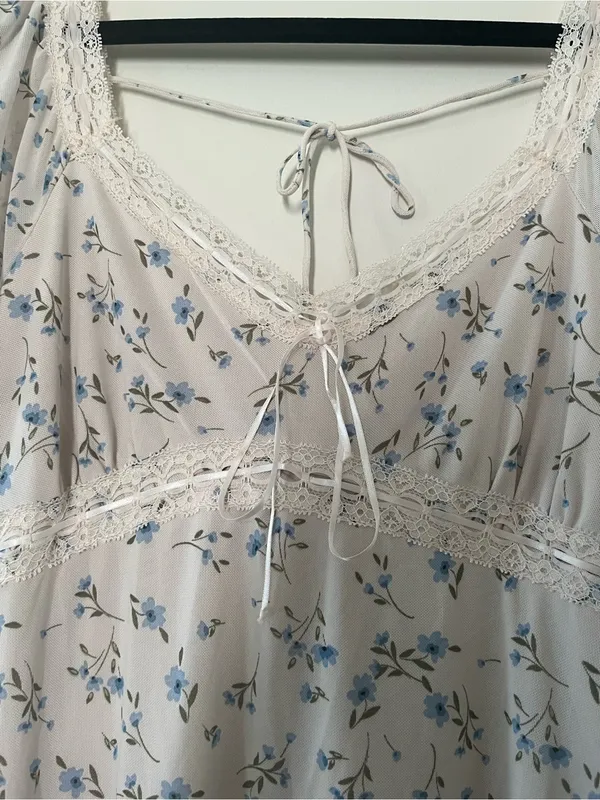 White Blue Ditsy Floral Cottagecore Babydoll Lace Midi Dress XL Romantic Dainty - Image 4