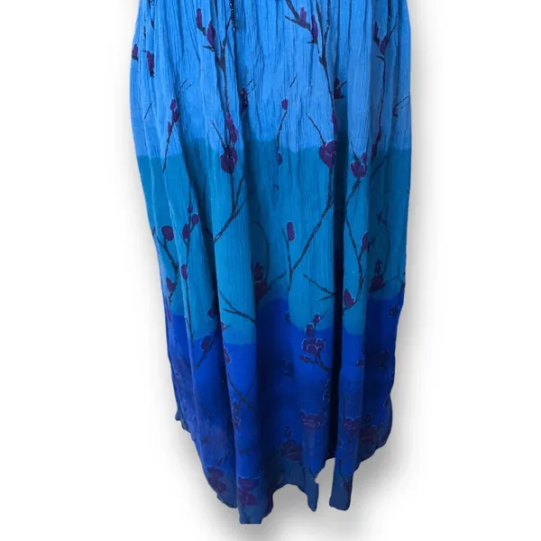 Vintage 90s Ombre Blue Dark Floral Crinkle Dress Short Sleeve Maxi‎ Festival - Image 2