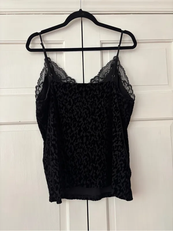 White House Black Market WHBM Black Velvet Leopard Print Lace Cami‎ Top Size XL - Image 8