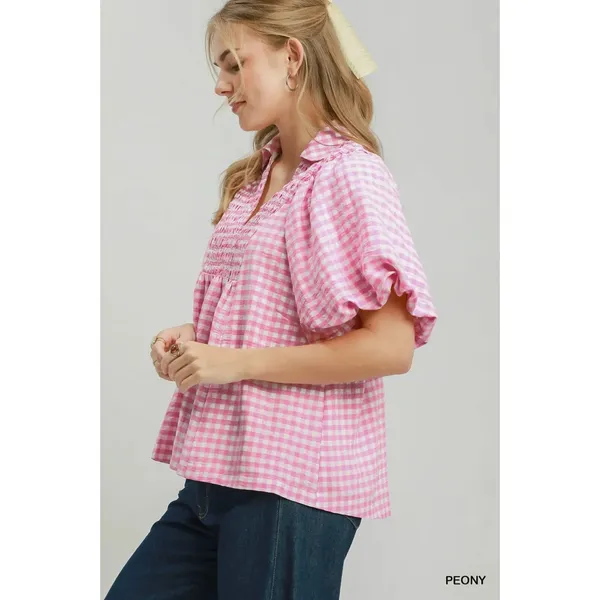 Umgee Smocked Yoke Puff Sleeve Gingham Blouse - Large - Image 2