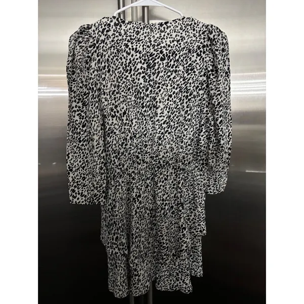Zara Animal‎ Print Tiered Mini Dress Long Sleeve V Neck Black White 28 - Image 3