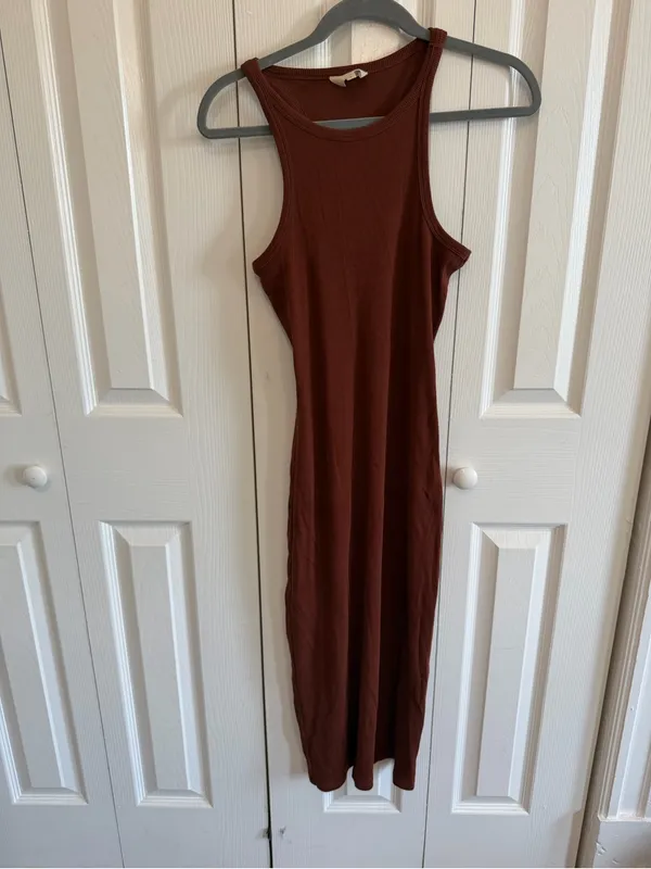 Sezane Erina Ribbed Maxi Dress Organic Cotton Brown Size Small - Image 2