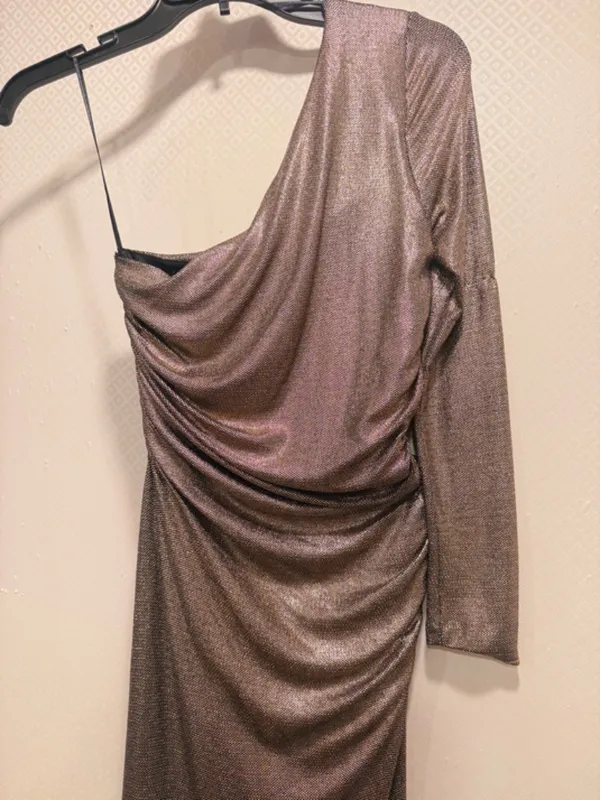 NWT Zara Metallic Bronze One Shoulder Ruched High Slit Asymmetrical Maxi Dress S - Image 16