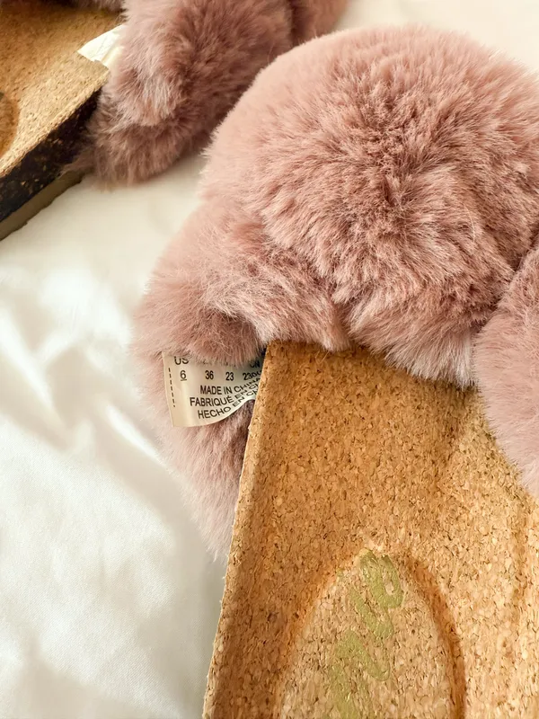 Aerie Pink Fur Cork Slides Size 6 - Image 5