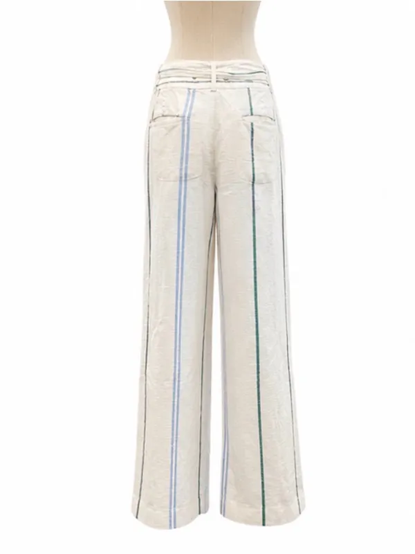 Ann Taylor Linen Blend Wide Leg Tie Waist Pants | White Multi-Stripe | Size 10 - Image 3