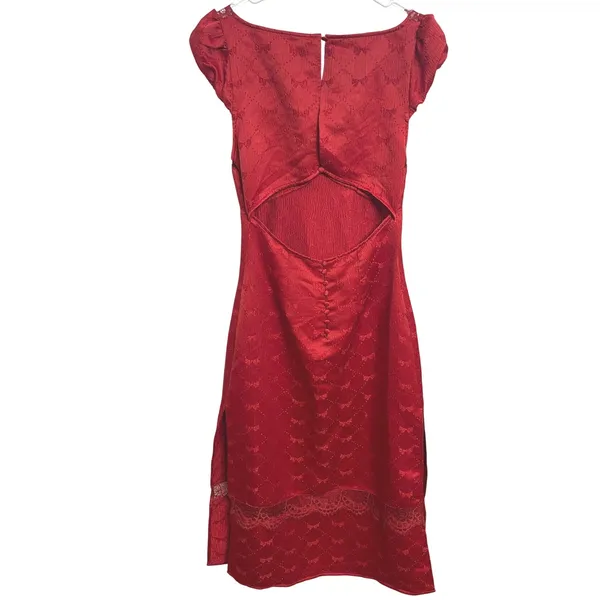 Free People Foolish Heart Midi Dress S Red Bow Jacquard Lace Romantic Coquette - Image 3