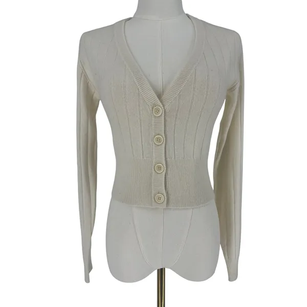 NAADAM Cream Wool Cashmere Ribbed Cropped Cardigan XS - Image 3