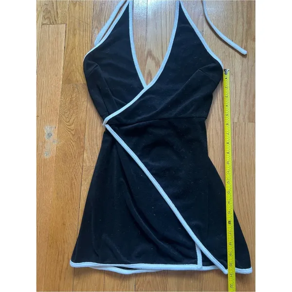 Nia Black Halter Wrap Mini Dress with White Piping Size Medium - Image 8