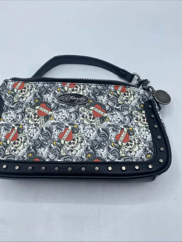 Ed Hardy Shoulder Bag Black Love Kills Slowly Studded Purse Grunge Goth Chains - Image 7
