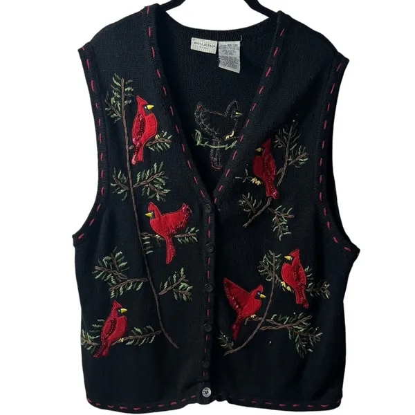 Vintage White Stag Button Up Sweater Vest Cardinals Holiday Cabin Cozy‎ 18W/20W - Image 2