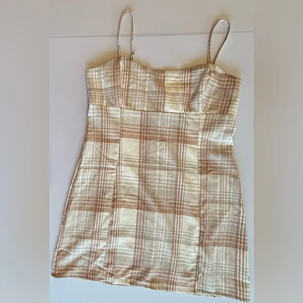 AEROPOSTALE Spaghetti Strap Plaid Mini Dress‎ w/ Slit @ Hem Brown/Cream Sz L - Image 10