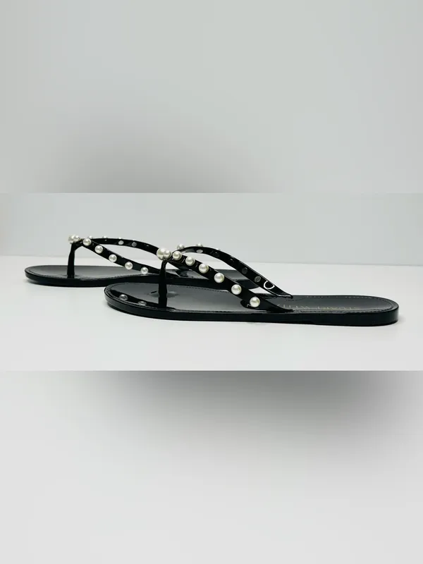 Stuart Weitzman Goldie Black Shiny Jelly Flip Flop Sandal Shoe NWOB - Image 7