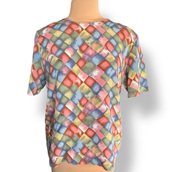 Vintage Blouse Harlequin Checkered Print Padded Shoulders Pastel Color‎ Diamond - Image 2
