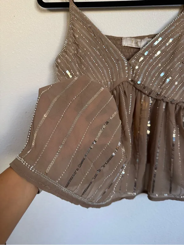 Lizette Collection Sequin Beaded Babydoll Cami Top Y2K Fairy Party Taupe Med NWT - Image 3