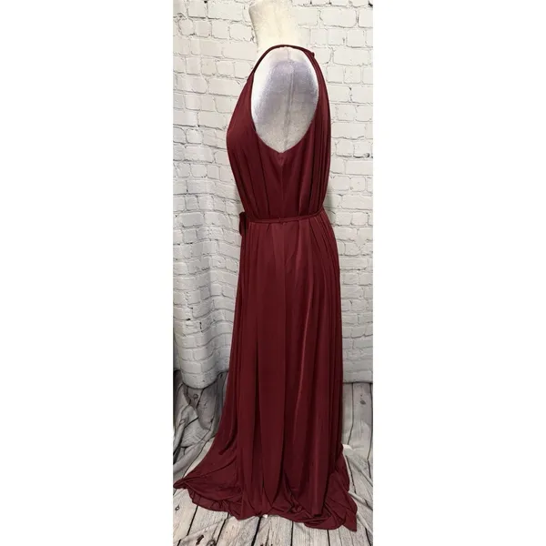 NWT David’s Bridal Soft Mesh Halter Bridesmaid Dress with Slim Sash Wine Maxi 8 - Image 4