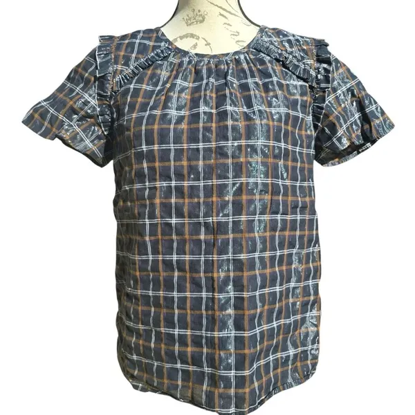 LOFT -289 Plaid Short‎ Sleeve Ruffle Shimmer Blouse Top Black Tan White Small - Image 3