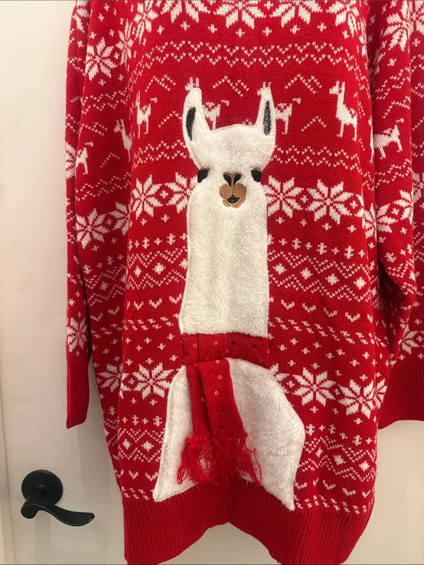 Cozy Christmas Red Cowl Neck Llama Knit Sweater Dress size L new - Image 3