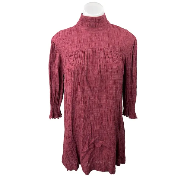 Ba&sh Women's Red Maroon Devis Smocked Turtleneck Babydoll Mini Dress Size S - Image 2