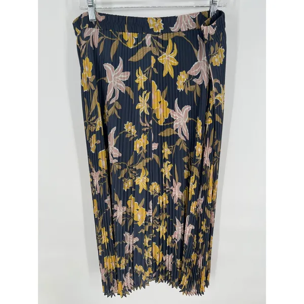 LOFT Pleated Maxi‎ Skirt XL Dusty Blue Yellow Floral Elastic Waist Accordion - Image 5