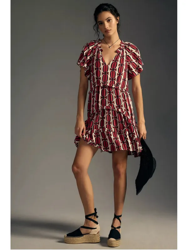 Anthropologie Robin Tiered Mini Dress Women’s Size M Red Beige Geometric Print - Image 2