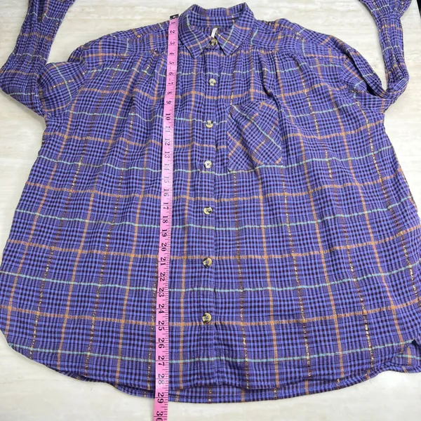 Free People Purple Plaid Metallic Button Down Shirt Womens Small Oversized Top - Image 10