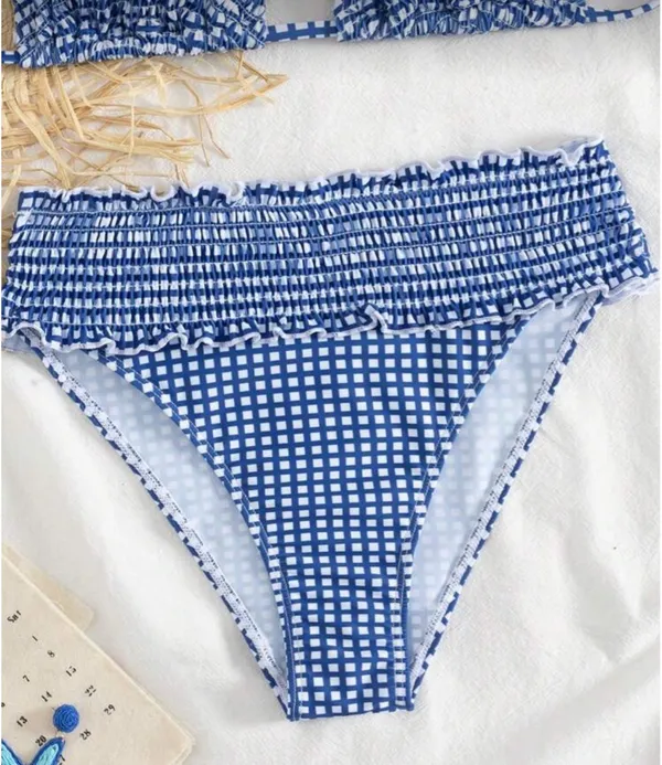 SheIn Swim Vcay Women's Casual Vacation Blue & White Plaid Print Tankini Swimsuit Set - Image 4