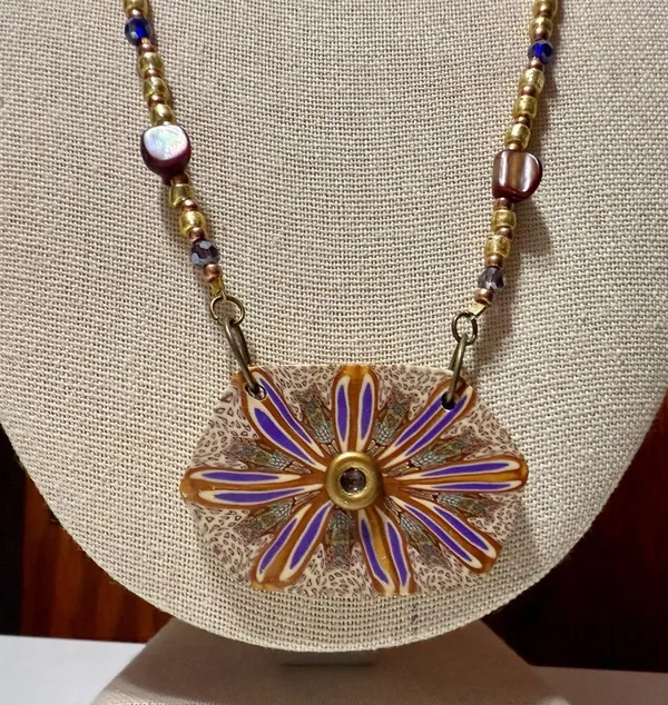 ✨ Handmade Beaded Necklace with Purple Gold and Bronze Polymer Clay Pendant ✨ - Image 2
