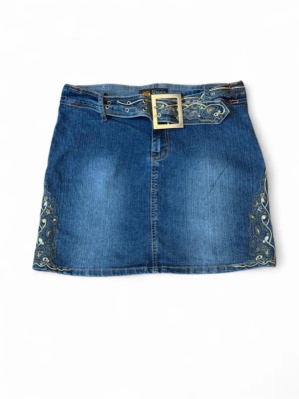 Route 66 Y2K Denim Mini Skirt Embroidered Belted Stretch Jean Skirt Size 10 - Image 3
