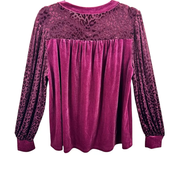 JODIFL Burgundy Velvet Burnout Leopard Long‎ Sleeve Blouse Size L - Image 2