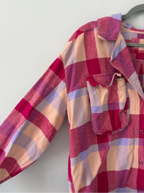 Free People We The Free Izzie Buffalo Check Plaid Cargo Flannel Shirt Pink Red S - Image 2