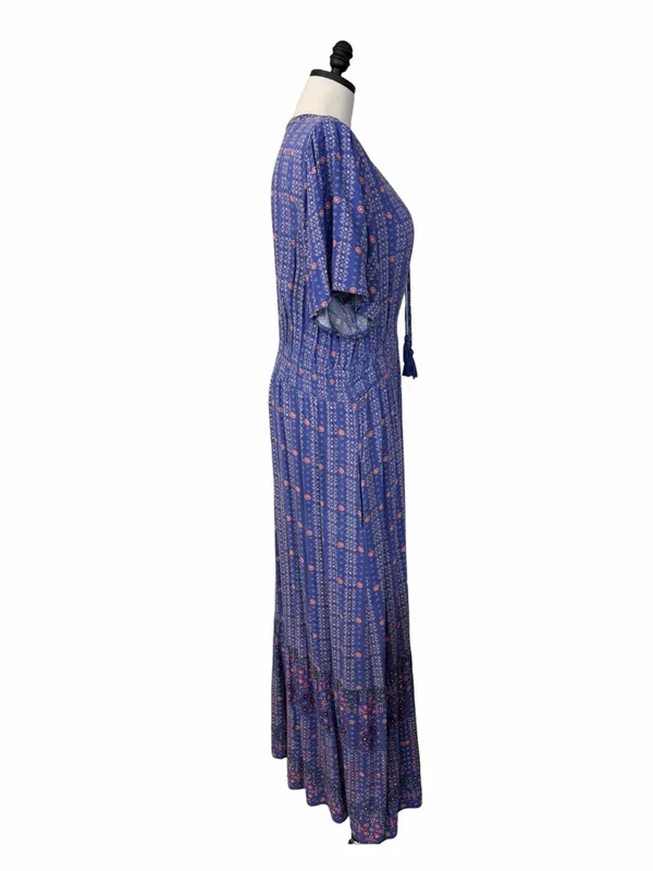 Knox Rose Maxi Dress XXL Blue Floral Tassel Tie Tiered Flutter Sleeve Cottage - Image 4