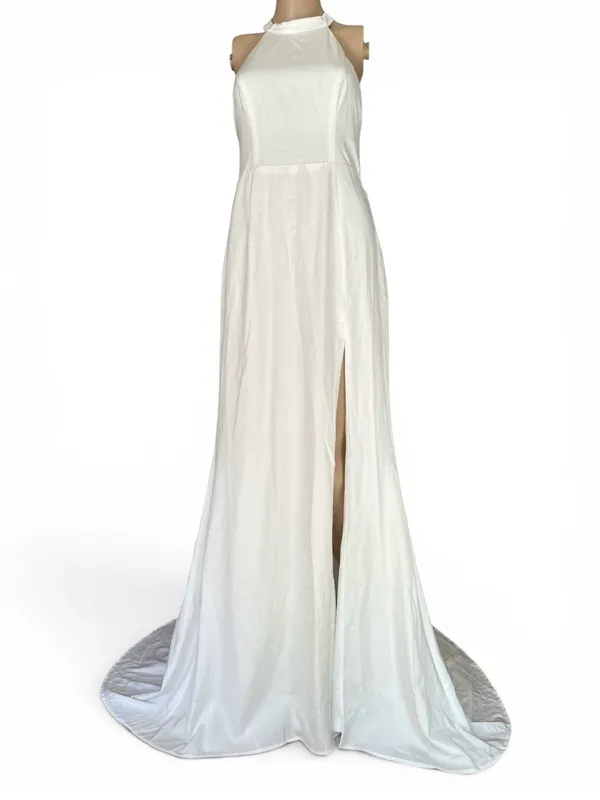 NWOT Radiant Adoration White Satin Lace Backless Halter Maxi Dress S - Image 5