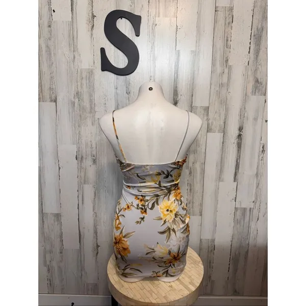 Windsor Floral Bodycon Mini Dress Womens Small Light Blue Yellow Ruched Cowl Nec - Image 4