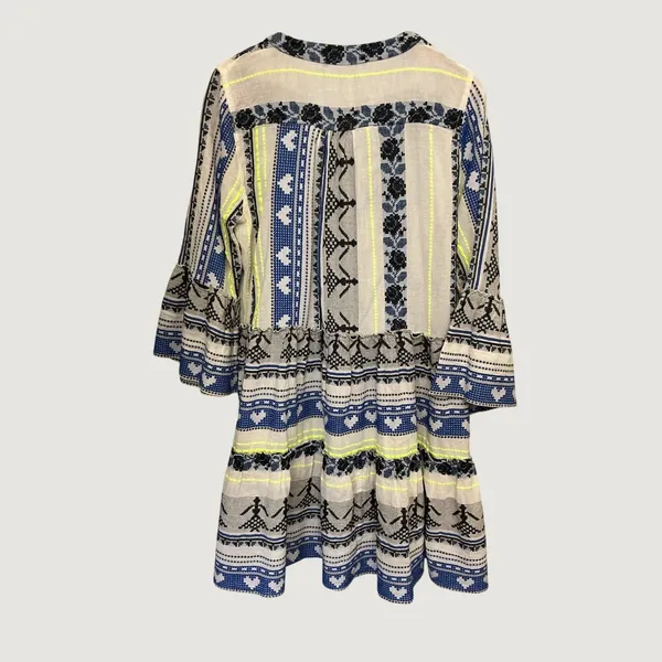 Devotion Twins Ella Dress Blue White Neon Yellow Embroidered Tiered Tunic Medium - Image 5