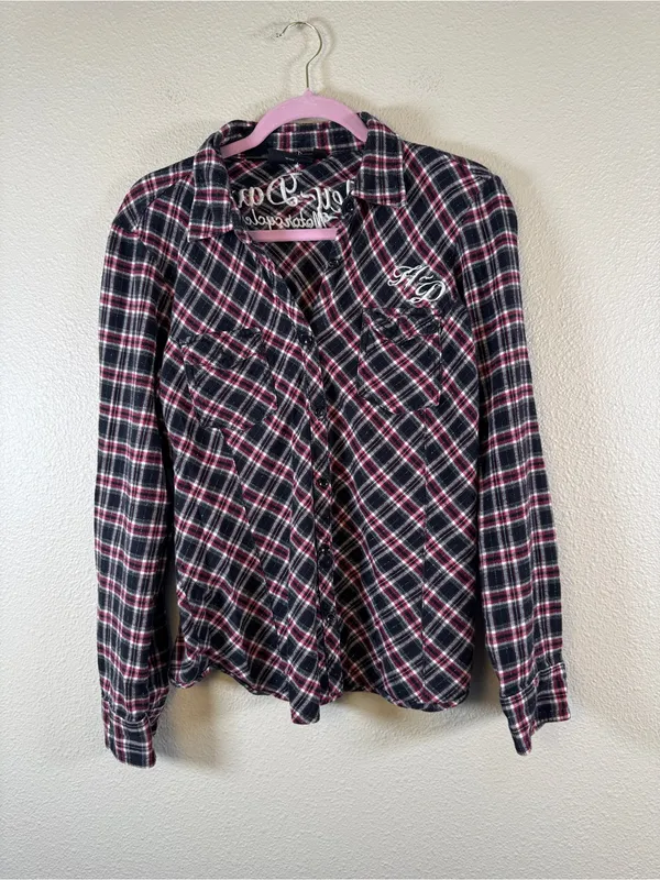Harley Davidson Red Black Plaid Button Down Shirt Womens L Embroidered Flannel - Image 11