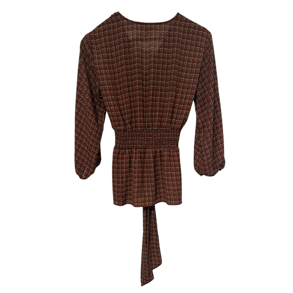 Max Studio Womens Brown Geometric Print V-Neck‎ Tie Front Smocked Blouse Medium - Image 2