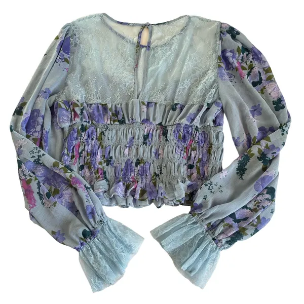Free People Daphne Silver Blue Combo Lace Floral Print Blouse Size Medium - Image 13