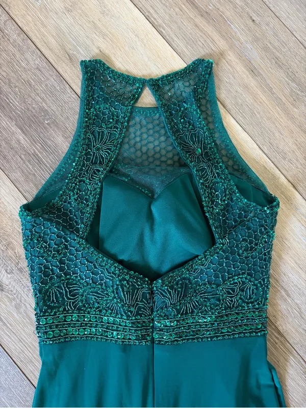Sherri Hill Teal Beaded Halter Prom Gown with Side Slit - Image 9