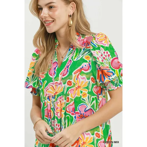 Umgee Floral Print Puff Sleeve Tiered Midi Dress - Green Mix - Small - Image 5