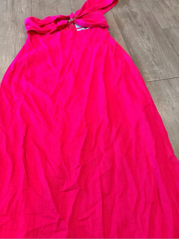 Here Comes the Sun Bright Fuchsia One-Shoulder Maxi Dress with Ring Detail - Image 3