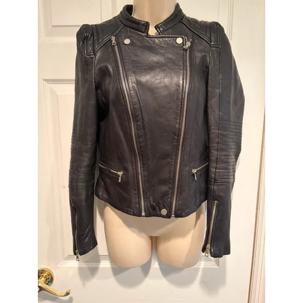 ZARA Trafaluc Genuine Leather Moto Medium Jacket Black Cropped Biker Y2K goth - Image 2