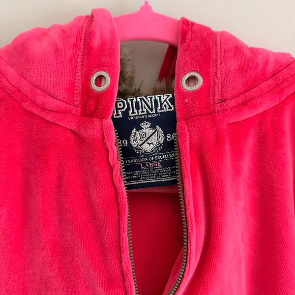 Y2k Pink Victoria'S Secret Rhinestone Embellished Velour Fur Hood Zip Up Jacket - Image 5